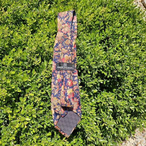 Pierre Balmain Paris Italian Silk Tie Extra Long Navy Blue Floral Designer - Picture 2 of 3